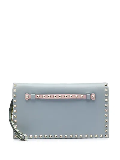 Pre-owned Valentino Garavani 2000-2017 Nappa Watercolor Rockstud Wristlet Clutch Bag In Blue