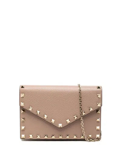 Pre-owned Valentino Garavani 2000-2017 Pebbled Calfskin Rockstud Envelope Wallet On Chain Crossbody Bag In Brown