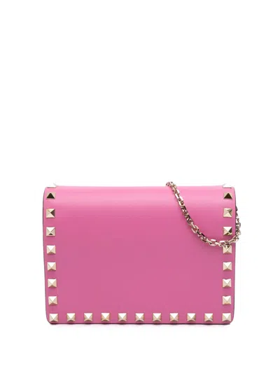 Pre-owned Valentino Garavani 2000-2017 Pebbled Calfskin Rockstud Wallet On Chain Crossbody Bag In Pink