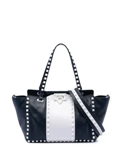 Pre-owned Valentino Garavani 2000-2017 Small Bicolor Leather Rockstud Double Handle Tote Satchel In Blue