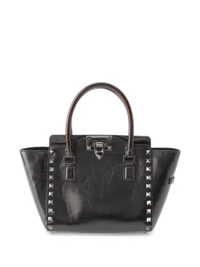 Pre-owned Valentino Garavani 2000-2017 Small Crinkled Calfskin Rockstud Double Handle Tote Satchel In Black
