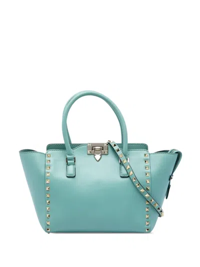 Pre-owned Valentino Garavani 2000-2017 Small Leather Rockstud Double Handle Tote Satchel In Blue