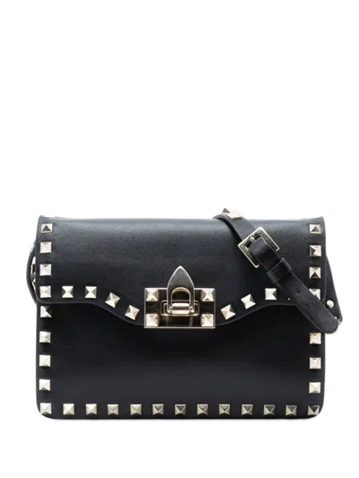 Pre-owned Valentino Garavani 2000-2017 Small Leather Rockstud Flap Crossbody Bag In Black
