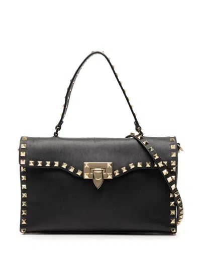 Pre-owned Valentino Garavani 2000-2017 Small Leather Rockstud Single Handle Flap Satchel In Black