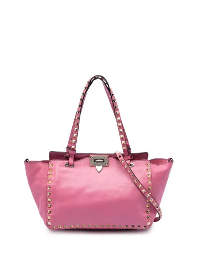 Pre-owned Valentino Garavani 2000-2017 Small Leather Rockstud Trapeze Satchel In Pink