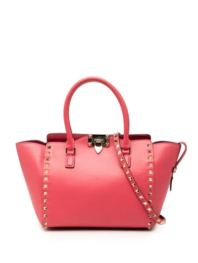 Pre-owned Valentino Garavani 2000-2017 Small Leather Rockstud Trapeze Satchel In Pink