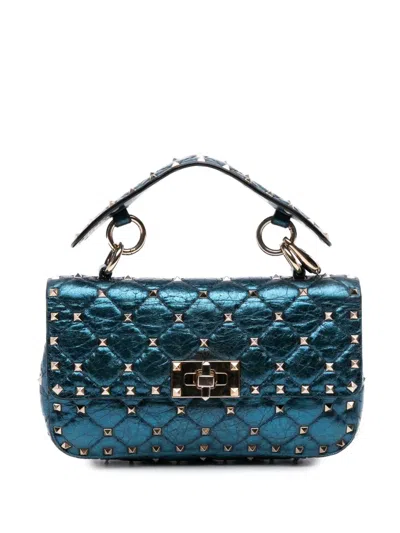 Pre-owned Valentino Garavani 2000-2017 Small Metallic Lambskin Rockstud Spike Satchel In Blue