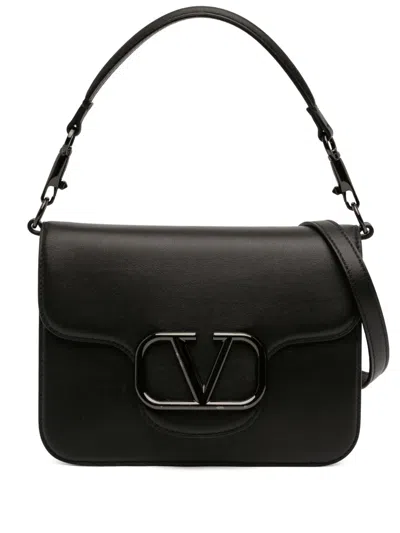 Pre-owned Valentino Garavani 2000-2025 Calfskin Logo Flap Satchel In Black