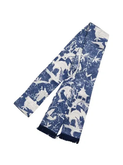 Pre-owned Valentino 2000-2025 Printed Silk Muffler Scarf Scarves In Blue