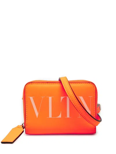 Pre-owned Valentino Garavani 2000-2026 Calfskin Vltn Wallet With Neck Strap Crossbody Bag In Orange