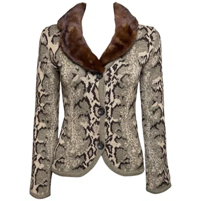 Pre-owned Valentino 2000s Beige & Brown Intarsia Snakeskin-print Fur-collar Cardigan