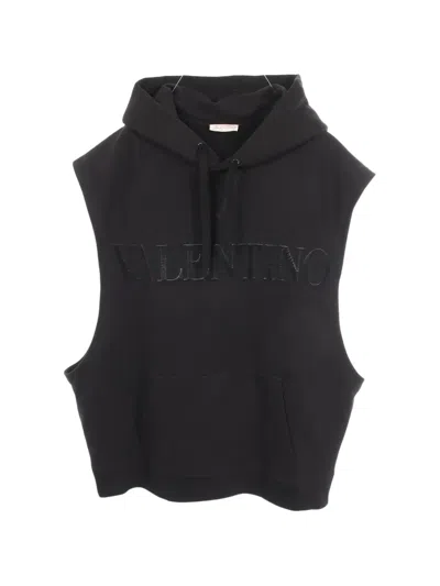 Pre-owned Valentino 2000s Embossed-logo Sleeveless Hoodie In Black