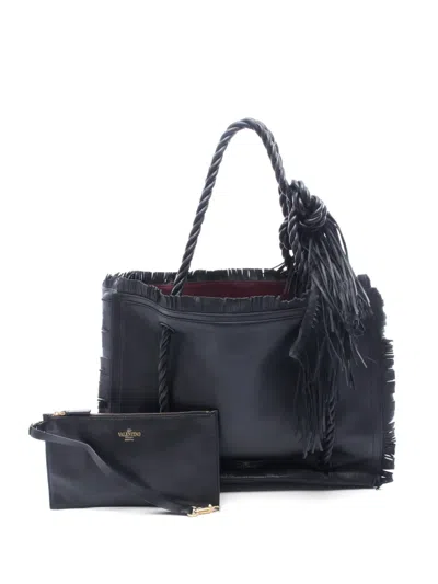 Pre-owned Valentino Garavani 2000s Fringe Leather Shoulder Bag In Black