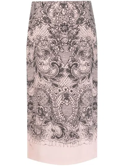 Pre-owned Valentino 2000s Lace Print Silk Skirt In Pink