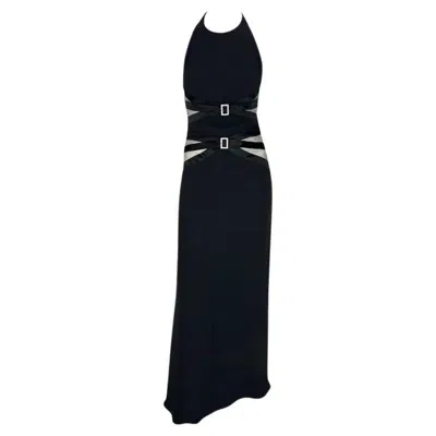 Pre-owned Valentino 2000s  Black Sheer Panel Halterneck Rhinestone Buckle Gown 6