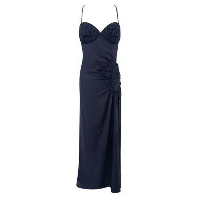 Pre-owned Valentino 2000s  Garavani Navy Silk Floral Pleat Beaded Backless Gown Us 6 In Blue