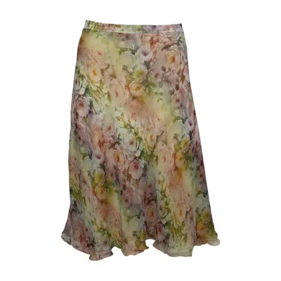 Pre-owned Valentino 2000s Watercolour Rose-print Silk Bias-cut Midi Skirt In Brown