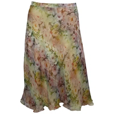 Pre-owned Valentino 2000s Watercolour Rose-print Silk Bias-cut Midi Skirt In Brown