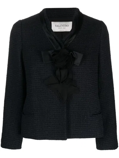 Pre-owned Valentino 2008 Bow-detailed Tweed Jacket In Blue