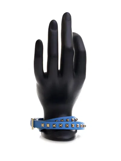 Pre-owned Valentino Garavani 2010-2025 Leather Rockstud Double Wrap Bracelet Costume Bracelet In Blue