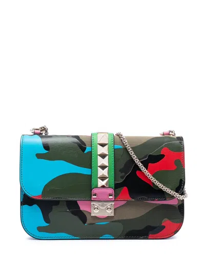 Pre-owned Valentino Garavani 2010-2025 Medium Nappa And Canvas Camouflage Rockstud Glam Lock Crossbody Bag In Green