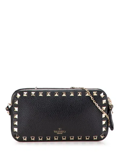 Pre-owned Valentino Garavani 2010-2025 Pebbled Calfskin Rockstud Double Zip Chain Pouch Crossbody Bag In Black