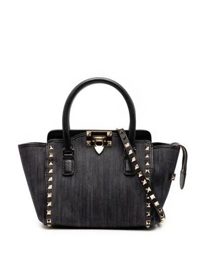 Pre-owned Valentino Garavani 2010-2025 Small Denim Rockstud Trapeze Satchel In Black