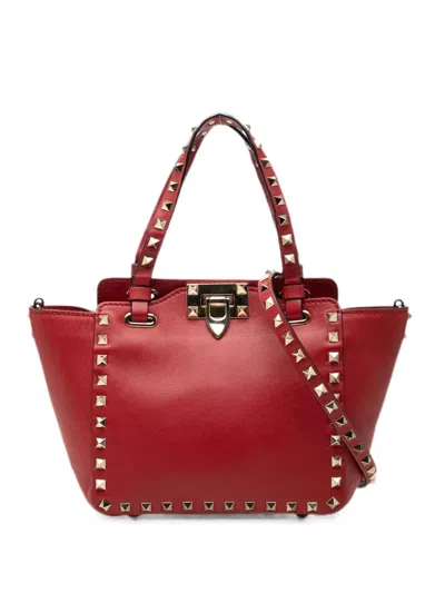 Pre-owned Valentino Garavani 2010-2017 Mini Grained Calfskin Rockstud Trapeze Satchel In Red