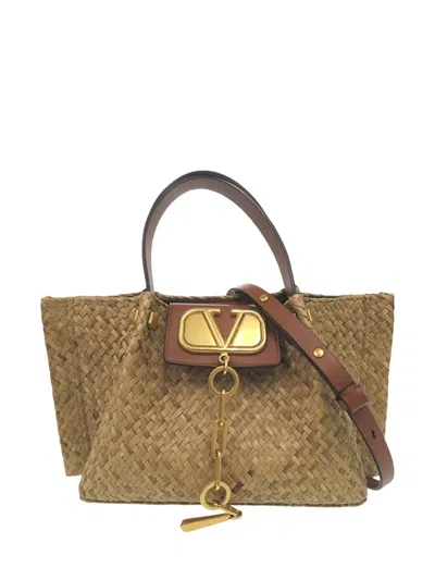 Pre-owned Valentino Garavani 2010-2026 Straw Vlogo Summer Tote Satchel In Brown