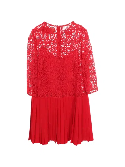 Pre-owned Valentino 2010s Floral-lace Pleated Midi Dress In Red