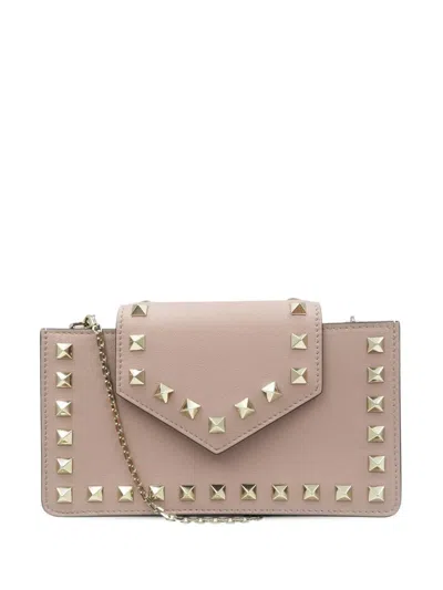 Pre-owned Valentino Garavani 2013 Calfskin Rockstud Phone Case With Chain Crossbody Bag In Brown