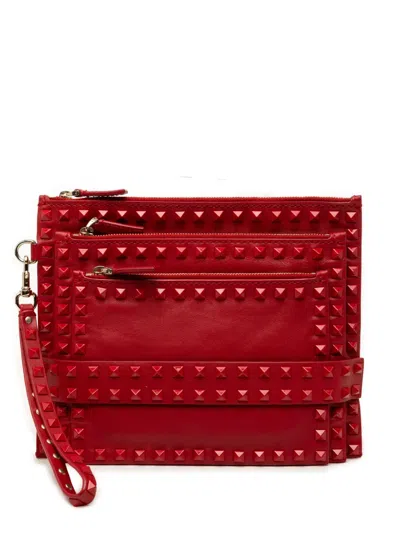 Pre-owned Valentino Garavani 2013 Leather Rockstud Rouge Triple Zip Clutch Bag In Red