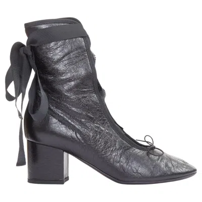 Pre-owned Valentino Garavani Valentino 2016 Runway Black Crinkled Leather Ribbon Lace Ballet Booties Eu37.5