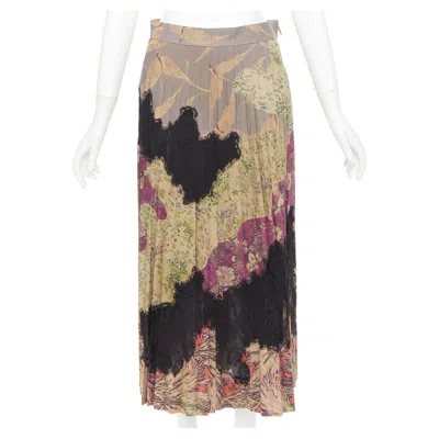 Pre-owned Valentino 2016 Runway Prairie Sheepskin Leather Pleated Lace Midi Skirt It40 S In Brown