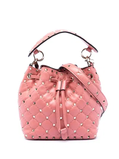 Pre-owned Valentino Garavani 2016 Small Leather Rockstud Spike Bucket Bag Satchel In Pink