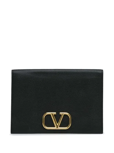 Pre-owned Valentino Garavani 2018-2023 Grainy Calfskin Vlogo Signature Flap Clutch Bag In Black