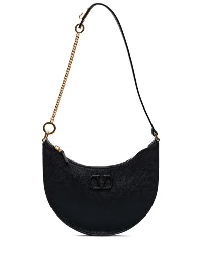 Pre-owned Valentino Garavani 2018-2024 Mini Grainy Calfskin Vlogo Hobo Bag In Black