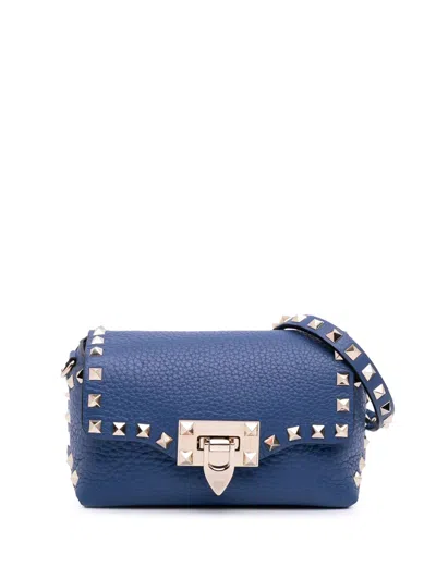 Pre-owned Valentino Garavani 2018-2024 Mini Pebbled Calfskin Rockstud Flap Crossbody Bag In Blue