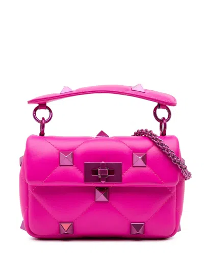 Pre-owned Valentino Garavani 2018-2024 Small Nappa Lacquer Monochrome Roman Stud Satchel In Pink