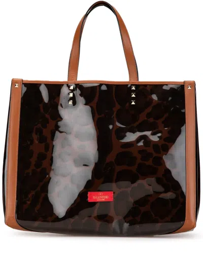 Pre-owned Valentino Garavani 2018-2024 Small Pvc Leopard Print Rockstud Shopping Tote Bag In Brown