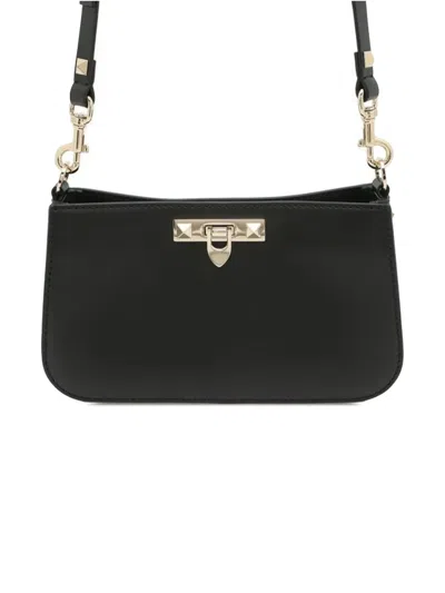 Pre-owned Valentino Garavani 2018-2025 Calfskin Rockstud Flip Lock Crossbody Bag In Black