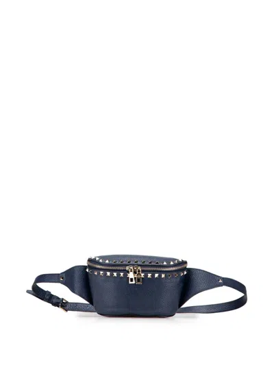 Pre-owned Valentino Garavani 2018-2025 Grained Calfskin Rockstud Belt Bag In Blue