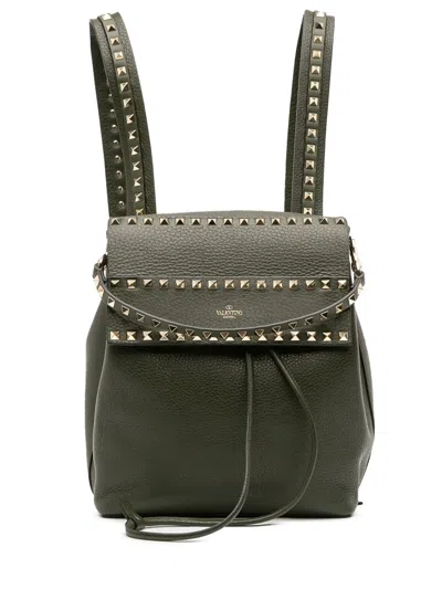 Pre-owned Valentino Garavani 2018-2025 Grained Calfskin Rockstud Flap Backpack In Green