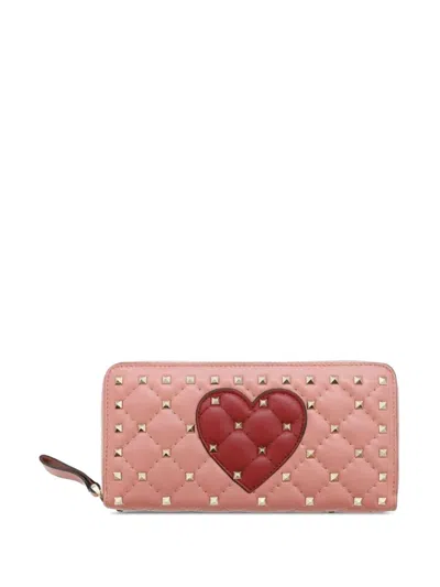 Pre-owned Valentino Garavani 2018-2025 Lambskin Rockstud Spike Heart Zip Around Wallet Long Wallets