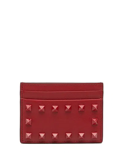 Pre-owned Valentino Garavani 2018-2025 Leather Rockstud Card Holder In Red