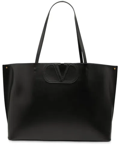 Pre-owned Valentino Garavani 2018-2025 Leather Vlogo Fillme Tote Bag In Black