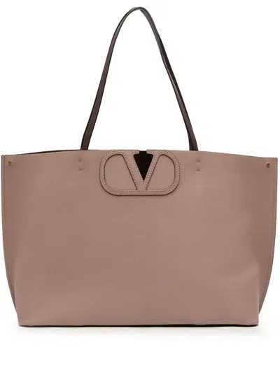 Pre-owned Valentino Garavani 2018-2025 Leather Vlogo Fillme Tote Bag In Brown