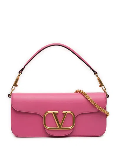 Pre-owned Valentino Garavani 2018-2025 Medium Calfskin Vlogo Loco Satchel In Pink