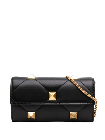 Pre-owned Valentino Garavani 2018-2025 Nappa Roman Stud Wallet On Chain Crossbody Bag In Black