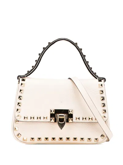 Pre-owned Valentino Garavani 2018-2025 Small Grainy Calfskin Rockstud Convertible Top Handle Bag Satchel
